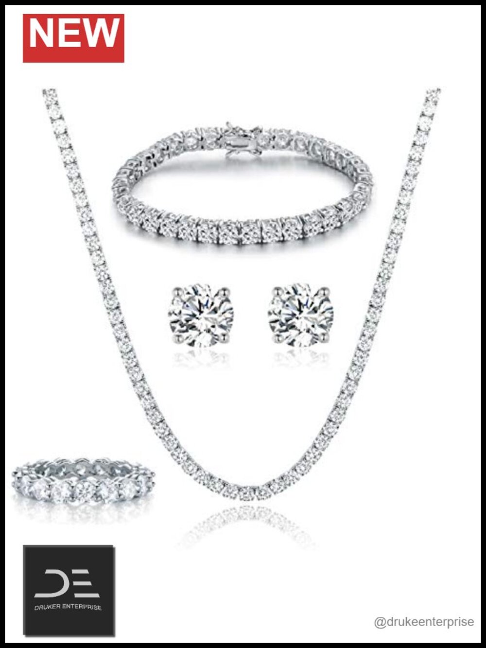 18K White Gold Plated Tennis Jewelry Set of 4 Earrings Bracelet Necklace CZ